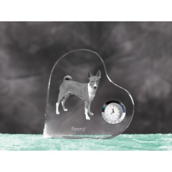 Basenji- crystal clock in the shape of a heart with the image of a purebred dog.