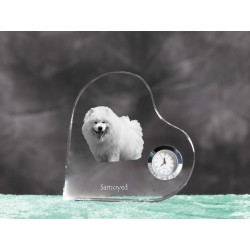 Samoyed- crystal clock in the shape of a heart with the image of a purebred dog.