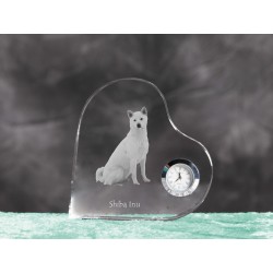 Shiba Inu- crystal clock in the shape of a heart with the image of a purebred dog.