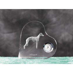 Whippet- crystal clock in the shape of a heart with the image of a purebred dog.