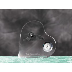 Newfoundland- crystal clock in the shape of a heart with the image of a purebred dog.