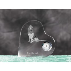 Bloodhound- crystal clock in the shape of a heart with the image of a purebred dog.