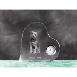 Border Terrier- crystal clock in the shape of a heart with the image of a purebred dog.