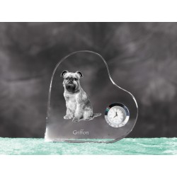 Brussels Griffon reloj de cristal en forma de corazón con la imagen de un perro de pura raza.