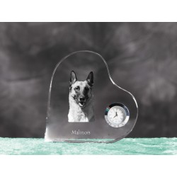 Belgian Shepherd, Malinois- crystal clock in the shape of a heart with the image of a purebred dog.