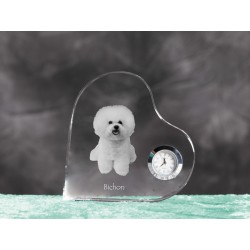 Bichon Frise- crystal clock in the shape of a heart with the image of a purebred dog.