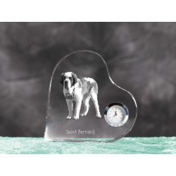 St. Bernard- crystal clock in the shape of a heart with the image of a purebred dog.