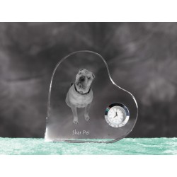 Shar Pei - crystal clock in the shape of a heart with the image of a purebred dog.