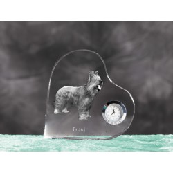 Briard - crystal clock in the shape of a heart with the image of a purebred dog.
