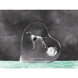 English Pointer - crystal clock in the shape of a heart with the image of a purebred dog.
