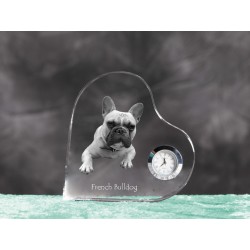Bulldog francés reloj de cristal en forma de corazón con la imagen de un perro de pura raza.
