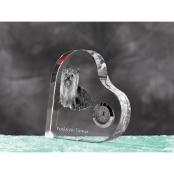 Yorkshire Terrier - crystal clock in the shape of a heart with the image of a purebred dog.