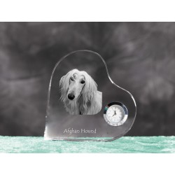 Afghanischer Windhund- crystal clock in the shape of a heart with the image of a purebred dog.
