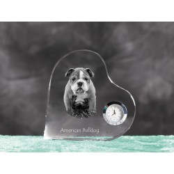 American Bulldog- crystal clock in the shape of a heart with the image of a purebred dog.