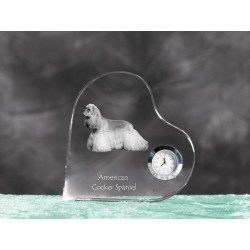 American Cocker Spaniel- crystal clock in the shape of a heart with the image of a purebred dog.