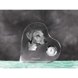 Azawakh- crystal clock in the shape of a heart with the image of a purebred dog.