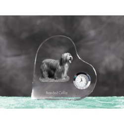 Bearded Collie- crystal clock in the shape of a heart with the image of a purebred dog.