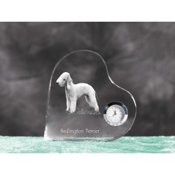 Bedlington Terrier- crystal clock in the shape of a heart with the image of a purebred dog.