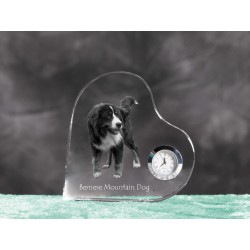 Bernese Mountain Dog- crystal clock in the shape of a heart with the image of a purebred dog.