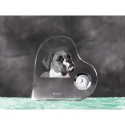 Boxer- crystal clock in the shape of a heart with the image of a purebred dog.