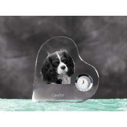Cavalier King Charles Spaniel- crystal clock in the shape of a heart with the image of a purebred dog.
