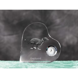 Grey Hound - crystal clock in the shape of a heart with the image of a purebred dog.