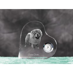 Chow chow- crystal clock in the shape of a heart with the image of a purebred dog.
