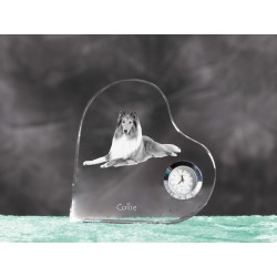 Collie- crystal clock in the shape of a heart with the image of a purebred dog.