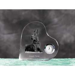 Great Dane - crystal clock in the shape of a heart with the image of a purebred dog.