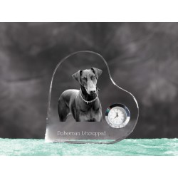 Dobermann- crystal clock in the shape of a heart with the image of a purebred dog.