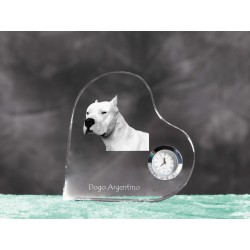 Argentine Dogo- crystal clock in the shape of a heart with the image of a purebred dog.