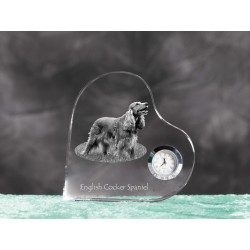 English Cocker Spaniel- crystal clock in the shape of a heart with the image of a purebred dog.
