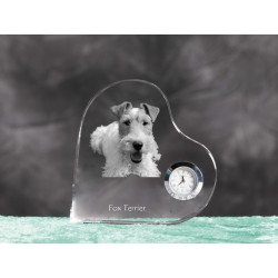 Fox Terrier- crystal clock in the shape of a heart with the image of a purebred dog.