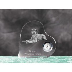 German Wirehaired Pointer- crystal clock in the shape of a heart with the image of a purebred dog.