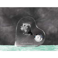 Irish Wolfhound- crystal clock in the shape of a heart with the image of a purebred dog.