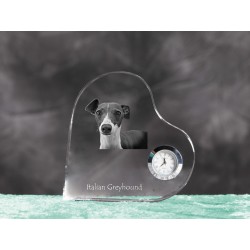 Italian Greyhound- crystal clock in the shape of a heart with the image of a purebred dog.