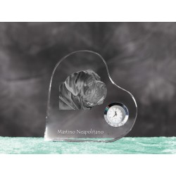 Neapolitan Mastiff- crystal clock in the shape of a heart with the image of a purebred dog.