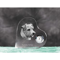 Norfolk Terrier- crystal clock in the shape of a heart with the image of a purebred dog.