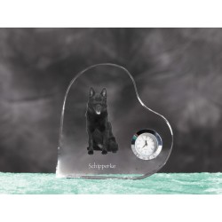 Schipperke- orologio di cristallo a forma di cuore con l'immagine di un cane di razza.