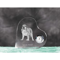Mâtin espagnol - orologio di cristallo a forma di cuore con l'immagine di un cane di razza.