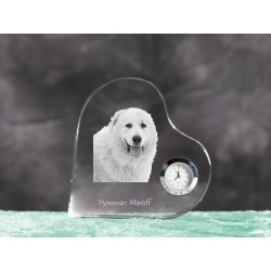 Pyrenean Mastiff - orologio di cristallo a forma di cuore con l'immagine di un cane di razza.