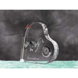 Thoroughbred- crystal clock in the shape of a heart with the image of a purebred horse.