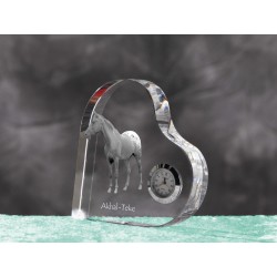 Akhal-Teke- crystal clock in the shape of a heart with the image of a purebred horse.