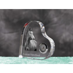 American Warmblood- crystal clock in the shape of a heart with the image of a purebred horse.