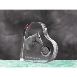 Retired Race Horse- crystal clock in the shape of a heart with the image of a purebred horse.