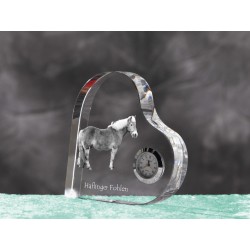Haflinger- crystal clock in the shape of a heart with the image of a purebred horse.