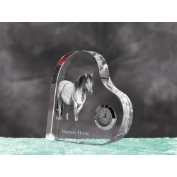 Henson- crystal clock in the shape of a heart with the image of a purebred horse.