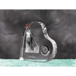 Pintabian- crystal clock in the shape of a heart with the image of a purebred horse.