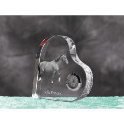 Selle français- crystal clock in the shape of a heart with the image of a purebred horse.