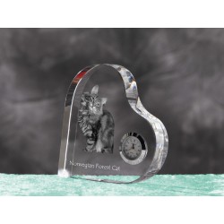 Norwegian Forest cat - crystal clock in the shape of a heart with the image of a purebred cat.